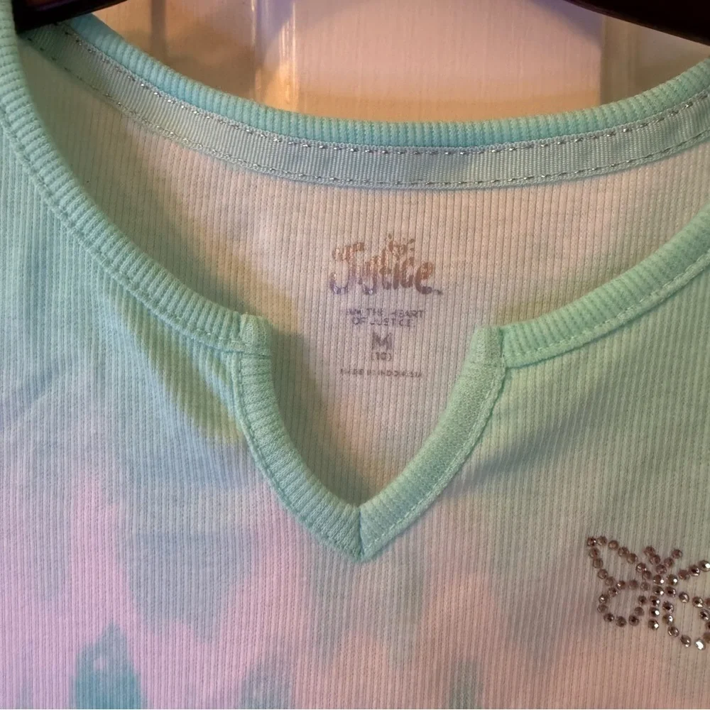 Justice Mint and White Top with Rhinestone Butterfly